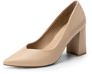 DREAM PARIRS Höga tjocka stängda tåblockklackar spetsig tå bröllopsfest eleganta slip-on pumpskor, Nude/Pu, 38.5 EU