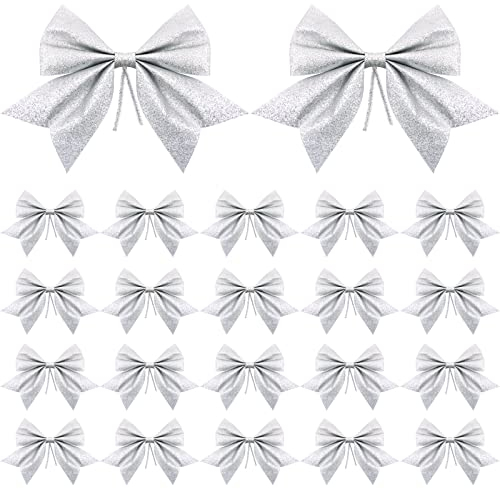 20 Stück 15x14cm Weihnachten Schleifen Glitzer Silber Weihnachtsschleifen Bogen Hänge Deko für Weihnachtsbaum Weihnachtskranz Tannenbaum Weihnachtsbaumschmuck Weihnachtsdeko Weihnachtsbaumschleifen