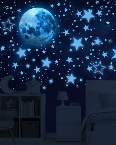 Noa Home Deco Luminoso Pegatinas,1049 Piezas,pared Luna Estrellas Puntos Pegatinas Para Niños,pegatinas Fluorescentes Para la Decoración del Techo De la Habitación De Los Niños,Azul