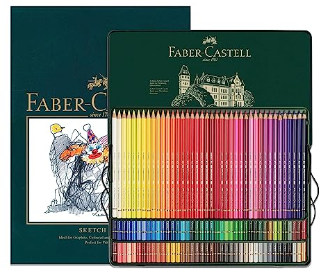 Faber-Castell Polychromos Künstler-Buntstifte, A4 Skizzenblock und Dose mit 120 Buntstiften – Kunst-Set für Malbücher für Erwachsene, Bastelbedarf, Zeichnen, Skizzieren, lichtechte Bleistifte,