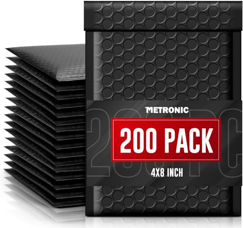 METRONIC Bubble Mailers 4x8 Inch 200 Pack Padded Envelopes Usable Size 4x7 Waterproof Black Padded Mailer Self Seal Adhesive Bubble Envelopes for Shipping Jewelry, Makeup, Small Business