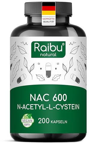 NAC N-Acetil-Cisteina 600mg - 200 capsule - 100% NATURALE - Vegano e senza additivi - Altamente dosato - Qualità Premium - Prodotte da Raibu
