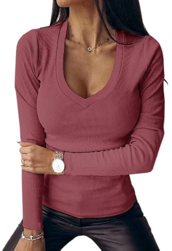 Imily Bela Damen Langarmshirt Sexy V Ausschnitt Oberteile Elegant Gerippt Sweatshirt Slim Fit Herbst Shirts, Rosarot, S