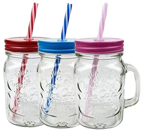 AIBULO 500ml Glass Mason Jars with Lids - Set Of 3 - Airtight Pickling & Preserving Jars for Overnight Oats, Homemade Jam, and More - 3 Colors: Blue, Pink, and Red - Ideal for Kitchen Storage.