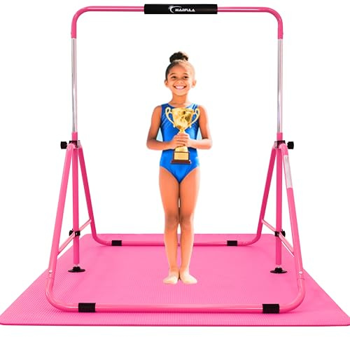 MARFULA Kip Bar Folding Gymnastic Bar with 5 FT Base Length 9 Height Levels Gymnastic Training Bar for Girls and Boys Between 3-9 Years Old At Home and Club Use