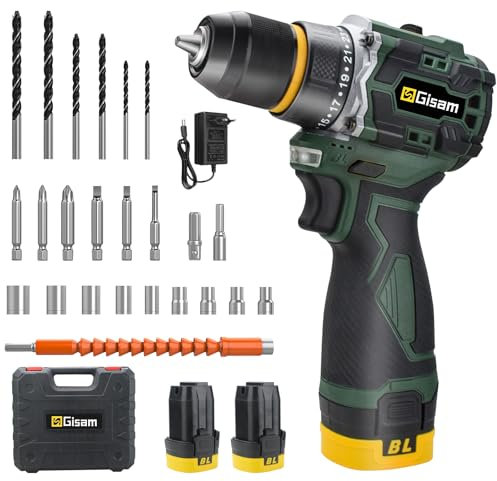 Taladro Percutor a Bateria - 65N.m Max, 25+3 Ajuste de Par, Taladro Atornillador Bateria 16.8 V con 2 Baterías 2000mAh, 2 Velocidad, 28 Accesorios, LED Luz Para Hogar, Bricolaje (amarilla) (verde)