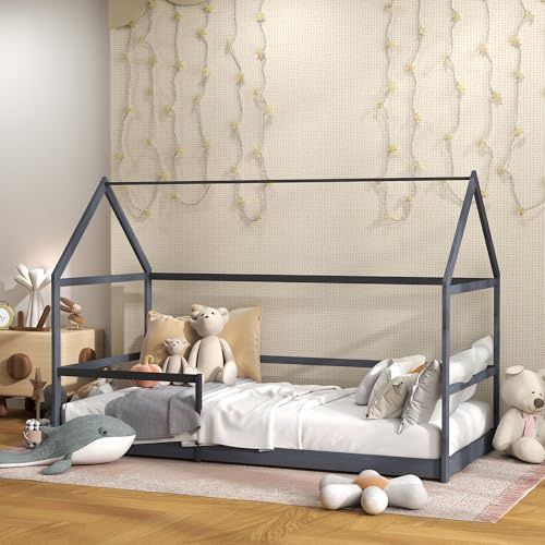 AIYAPLAY Cama cabaña Niños 90 x 190 cm Cama Niños Cama Casa Infantil de Madera con Protección Anticaída, Somier de láminas y Techo Incluido, Dim. 196 x 97,5 x 135 cm, Color Gris