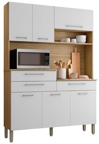 ACTUAL DIFFUSION Buffet de Cuisine 6 Portes 3 Tiroirs 9 Niches Chêne Blanc L 138.5 H 195 P 38.8 cm