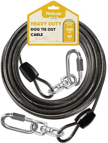 Petbobi Cable de amarre resistente para perros, cable de alambre extra fuerte de 40 pies para mascotas grandes de hasta 300 libras, correa de perro a prueba de óxido con mosquetones y giro de 360°,