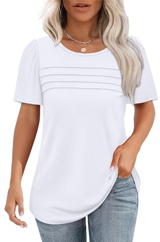 Aokosor T Shirts for Women Summer Tops Ladies Short Puff Sleeve Blouses Pleated Front Curved Hem Tees Casual Loose Fit White Size 26-28