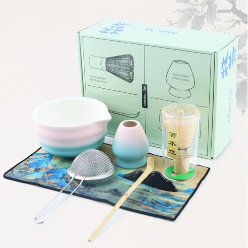 Matcha Set, Japanisches Tee-Set (7-teilig), Matcha-Schneebesen-Set,Keramik Matcha Kit Enthält Matcha-Schale,Matcha-Schneebesen,Schneebesenhalter,Matcha-Löffel,Edelstahl-Sieb,Geschirrtuch,Löffelhalter
