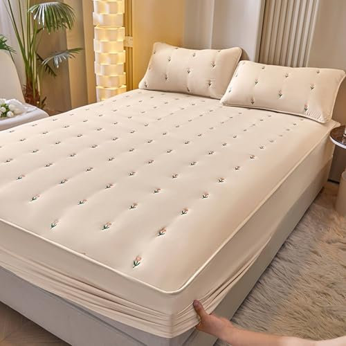 Lirzxin Spannbettlaken 120x200 cm, Boxspringbett Spannbettlaken Baumwolle Gestickte Blumen Muster Spannbetttücher Einzelbett und 2 Kissenbezüge Weiches und Atmungsaktives, Beige Khaki