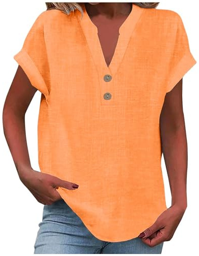 Camisa de mujer de manga corta de algodón con botones y cuello en V, top blusa, vestido occidental, 2 naranja, L