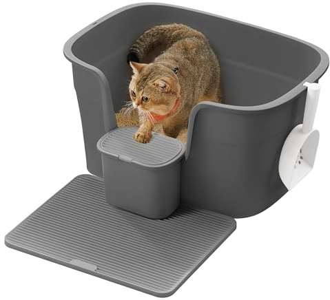 Feandrea Lettiera per Gatti in Casa, Extra Larga con Lati Rialzati, con Tavola Raccogli Lettiera, Scatola Portaoggetti, Paletta, per Più Gatti di Taglia Grande, Grigio Ardesia PPT003G02