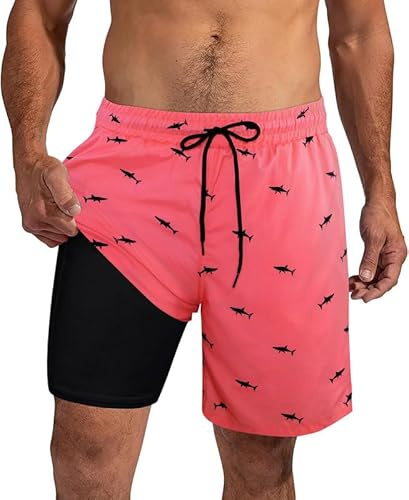 XiaoMoSha Mens Swimming Shorts Men Swim Trunks with Compression Liner 7 Quick Dry 2 in 1 Board Shorts for Beach Surfing, Pink, L