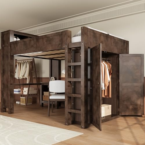 CKLMMC Wooden Queen Loft Bed with Desk, Headboard with Storage and USB, Space-Saving Modern Design for Small Rooms (Brown-Q1)