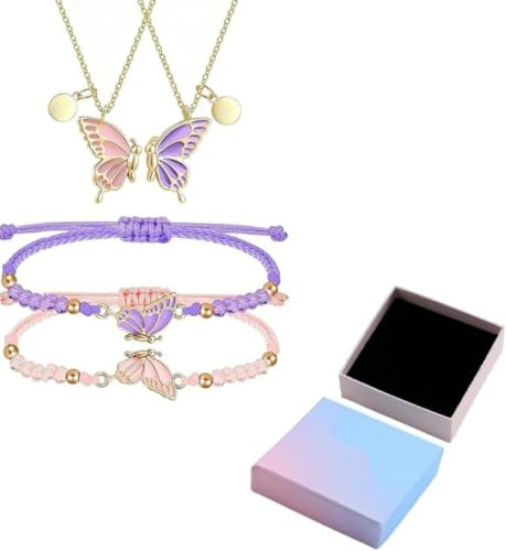 DIFLAX 2 Sets Braccialetti Dell'amicizia y Collane Dell'Amicizia Ragazze BFF con Ciondolo Gioielli Farfalla Regolabile Braccialetti BFF con Pendente a Farfalla Regali per Donne Amici (Rosa+Viola)