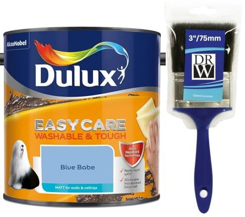 Blue Babe Dulux Easycare Matt Emulsion Paint 2.5L + 3 Emulsion Paint Brush – Washable & Stain Resistant, Durable Matt Finish, Quick Dry, Low Odour Interior Wall & Ceiling Paint