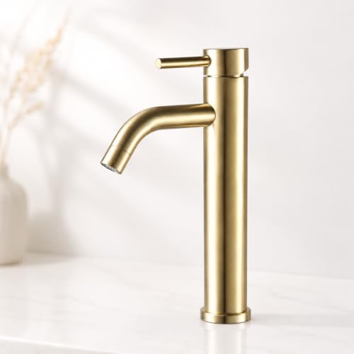 Grifo de Lavabo Monomando para Baño de Acero Inoxidable, Diseño Moderno y Minimalista (Alto Dorado Cepillado)