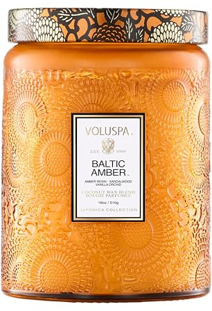 Voluspa Baltic Amber Candle, 18 oz, Coconut Wax Blend, Scented Candles for Home, 100 Hour Burn Time, Candle Jar