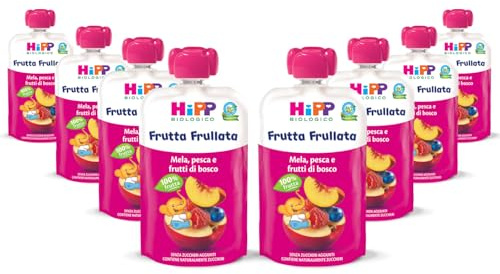 HiPP - Frutta Frullata Bio per Bambini, Purea 100% Frutta al Gusto Mela, Pesca e Frutti di Bosco, Senza Zuccheri Aggiunti, 8 Confezioni da 90 g