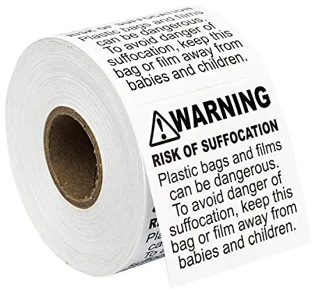 Warning - Risk of Suffocation (FBA-Approved) Pre-Printed Labels/Stickers (2 x 2) 1 Roll / 500 Labels per Roll