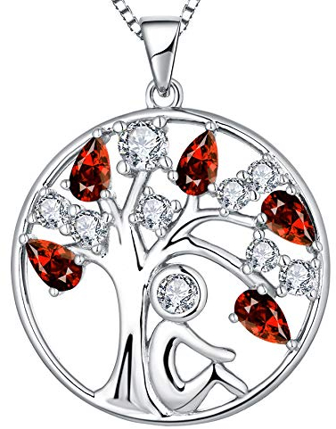 YL Damen Lebensbaum Kette 925 Sterling Silber geschnittenen Januar Geburtsstein Granat Stammbaum Anhänger Halskette für Frauen, 45 + 3CM