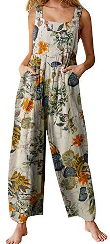 YILEEGOO Cotton Linen Dungarees for Women, Ladies Casual Overalls Baggy Wide Leg Pants Jumpsuit Playsuit (Yellow, Small)