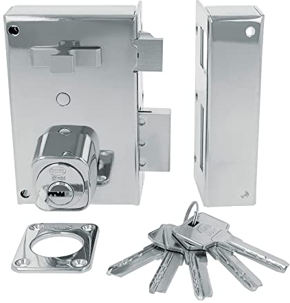 Amig - Cerradura de Sobreponer de Derecha con Palanca de Cierre, Lengüeta y Tirador para Puertas de Madera Mod. 75, 72 x 112 mm, Cilindro Redondo de Seguridad, Acero Plateado