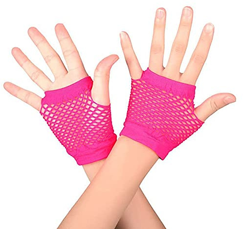 HD Novelty Diva Dazzle 80s Fishnet Fingerless Gloves for Women & Girls - Stretchy Mesh Dance Gloves for Disco, Retro Vintage Costume Parties & Halloween Accessories (Light Pink)