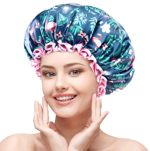 mikimini wiederverwendbare Duschhaube für Damen mit langen Haaren mit elastischem band mit sicherem halt, Flamingo-druck – ideale wasserdichte & waschbare badhaube mit Doppelschicht-design