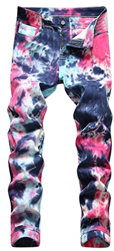 Tie Dye Jeans for Men UK Clearance Slim Fit Skinny Jeans Stretch Joggers Basic Classic Denim Trousers Gradient Work Pants Casual Jegging Boys Biker Trousers Frayed Jeans Plus Size M-6XL
