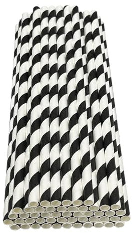 Haobase 50 Stück Papier Trinkhalme, biologisch abbaubare Papier Strohhalme zum Trinken Cocktail, Kaffee, kalte Getränke (Streifen-Muster) (White/Black Stripes)
