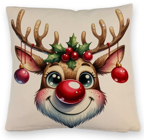 speecheese Rentier mit Weihnachtskugeln Kissen mit Leinenoptik WeihnachtsKissen mit Leinenoptik mit lustigem Rentiergesicht, festlicher Rotnase und Geweih - Deko für EIN fröhliches