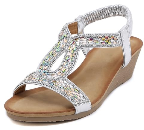 YOUNIFIZ Sandals for Women Wedge Heel Colourful Rhinestone Ladies Sandals Open Toe T-Strap Bohemian Womens Cushioning Shoes for Summer Beach Holiday Outdoor (Silver,Size 5.5)