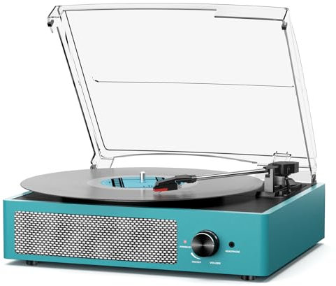 Vinyl Plattenspieler, Bluetooth tragbaren Vinyl Plattenspieler Schallplattenspieler mit Eingebauter 2 Stereo Lautsprechern und 3-Gang 33/45/78 U/min, RCA Ausgang, AUX-Eingang meerblau