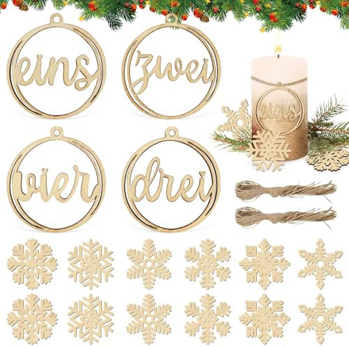 Adventskranz Zahlen 1-4, 4er Set Holzzahlen mit 12 Holzschneeflocken, für Adventskerzen & Kerzenhalter, Advent Kerzen Deko, Holz Nummern Schriftzug fur Advent Kerzen Deko
