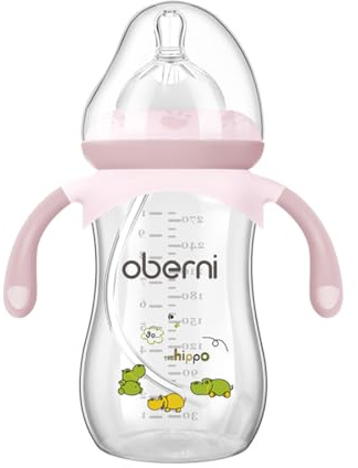 Oberni Anti-Colic Baby Bottle with Size 4 Breast-Like Teat, Non-Slip Handles, Weighted Straw for 12 Months Newborn Babies, 270ml/9oz/Pink/1Pack