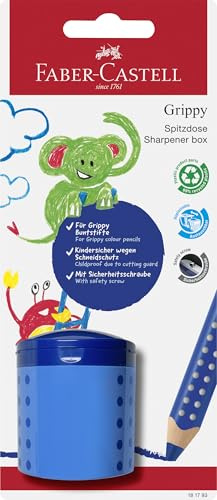 FABER-CASTELL 181793 - Taille-crayon Grippy avec protection anti-coupure, taille-crayon bleu avec réservoir