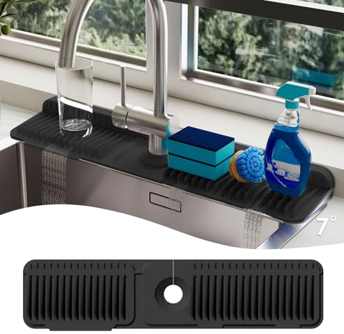 24 Inch Silicone Faucet Mat for Kitchen Sink Splash Guard - 7° Slope Upgraded Water Draining Mat with Fasten Button for Bathroom Area (Black, 24''x5.5'')