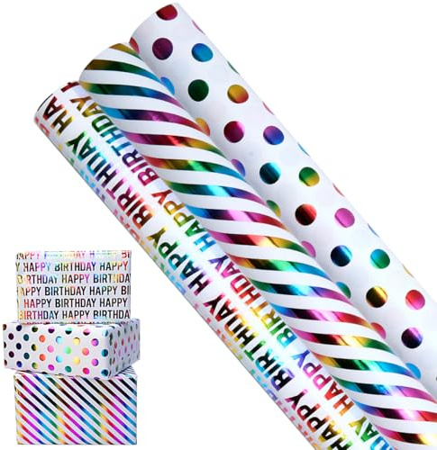 3 rollos de papel de regalo de cumpleaños, rollo de papel de regalo de 43 cm x 3 m reciclable brillante para cumpleaños, fiestas, bodas, baby shower, decoraciones de regalo de festivales