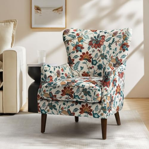 HULALA HOME Wingback Accent Armchair, Classic Accent Chair with Ergonomic Arms, Armchairs with Solid Wooden Legs Floral Fabric Pattern for Living room, Office, Bedroom, RED