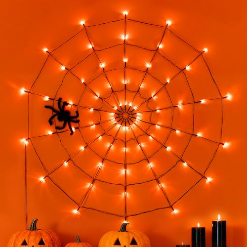 Ollny Halloween Decorations, Halloween Spider Web Lights Battery Operated, 1.2m Diameter 70 LEDs Cobweb Lights with Creepy Spider, Waterproof Web Light, Timer/8 Modes for Outdoor Indoor, Orange