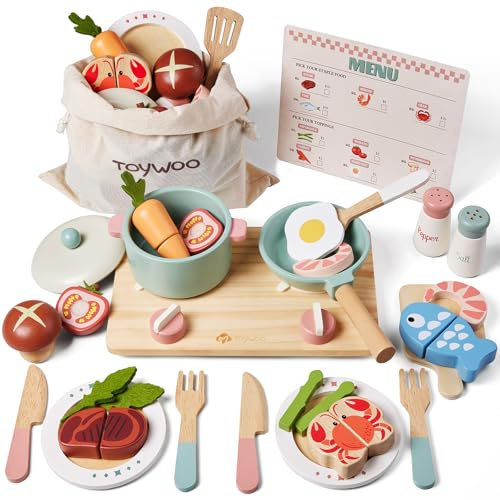Accessoires de cuisine en bois, ensemble de casseroles et poêles pour enfants, ensemble de cuisine avec poêle à jouet, jeux de cuisine pour tout-petits, jouets de nourriture pour tout-petits, 3-5