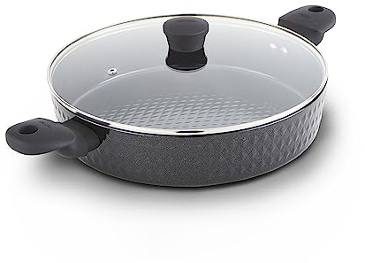 Tower T900132 Diamo Aluminium Shallow Casserole Dish with Black Diamond Ceramic Non-Stick Coating, Tempered Glass Lid, 30cm, Black