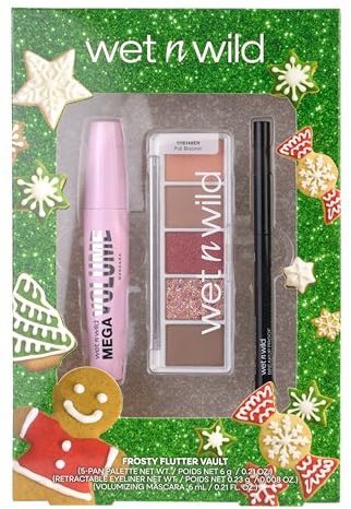 Wet n Wild Frosty Flutter Vault Set, Augen-Make-up-Geschenkset mit einziehbarem schwarzem Eyeliner, volumenspendender Mascara & Lidschattenpalette mit 5 Farbtönen