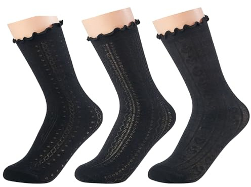 FrostyFlair Calzini con balze per donna, 3 paia di calzini neri tradizionali con balze, Calzini dolci per donna, Calze lunghe, Outfit anni '50, Calzini con balze per donna
