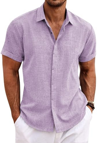COOFANDY Chemise en Lin pour Hommes Chemise à Manches Courtes Boutonnée Coupe régulière Chemises décontractées Chemise d'été en Lin de Plage