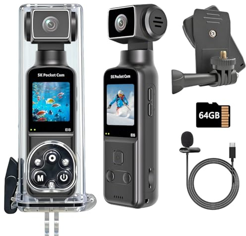 IXROAD 5K Body CAM Camara Corporal, Mini Action CAM Cámara Deportiva Accion con Lente Giratoria de 270° para Vlog POV, Videocamara Acuatica Sumergible con Micrófono Externo, Tarjeta TF de 64 GB