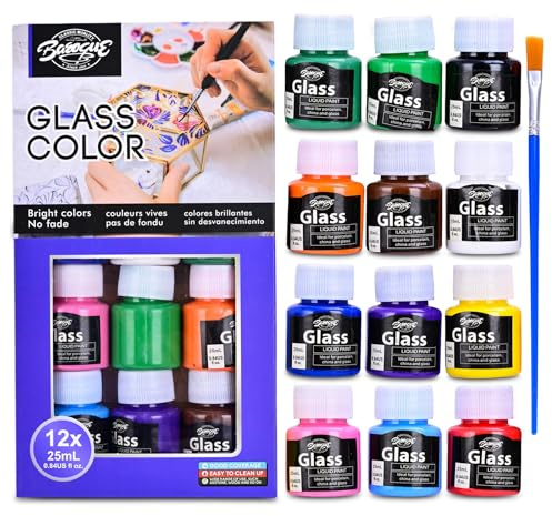 Onperpoe Glass Paint Set, 12 Colours Stained Glass Paints for Glass Painting, Acrylic Painting Kit with Brush, Waterproof Paint for Glasses Window Ceramic Wine Bottle DIY Craft Decor